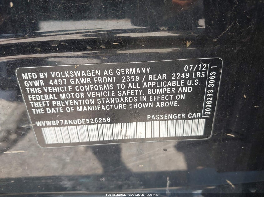 2013 Volkswagen Cc 2.0T Sport VIN: WVWBP7AN0DE526256 Lot: 45063455