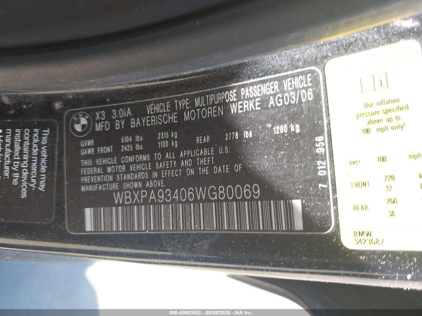 2006 BMW X3 3.0I VIN: WBXPA93406WG80069 Lot: 45063552