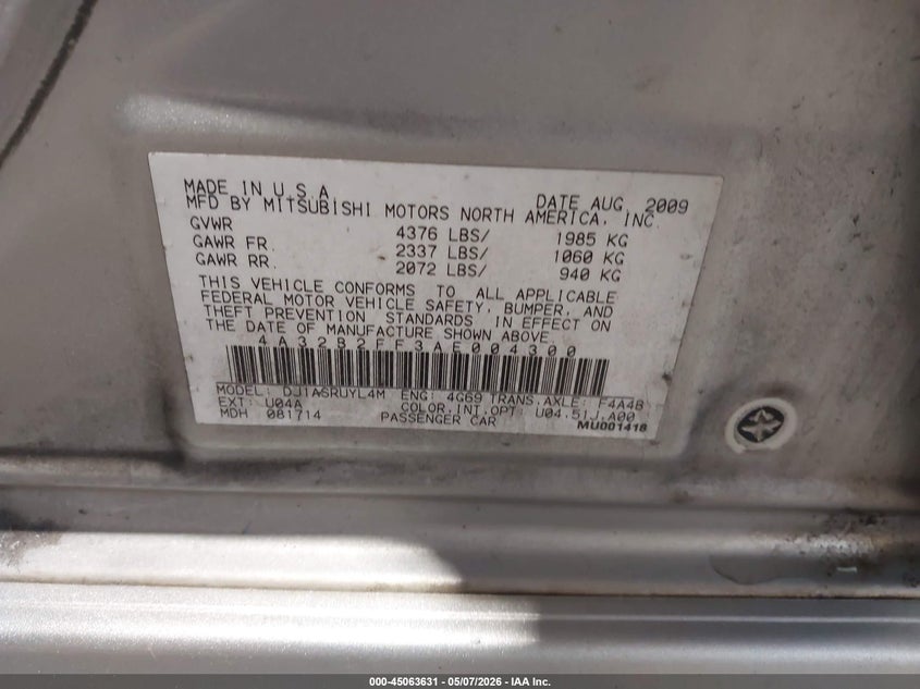 2010 Mitsubishi Galant Fe VIN: 4A32B2FF3AE004300 Lot: 45063631