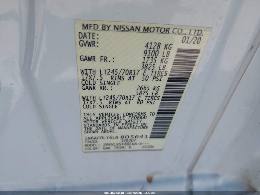 2020 Nissan Nv Cargo Nv2500 Hd Sv High Roof V8 VIN: 1N6AF0LY6LN805641 Lot: 45063648