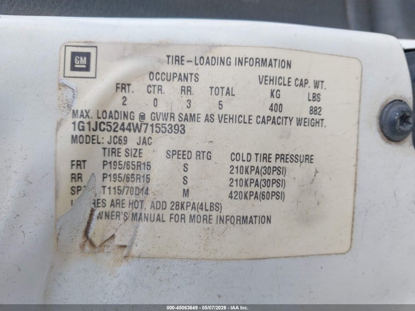 1998 Chevrolet Cavalier VIN: 1G1JC5244W7155393 Lot: 45063649