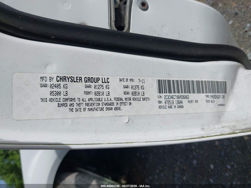 2011 Chrysler 300c 5.7 white Lot 111045063786 Vin 2C3CA6CTXBH596062