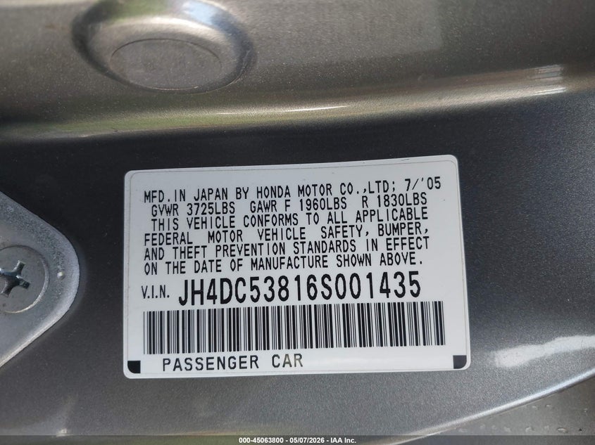 2006 Acura Rsx VIN: JH4DC53816S001435 Lot: 45063800