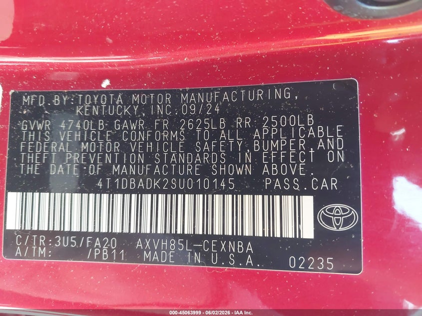 VIN 4T1DBADK2SU010145 2025 TOYOTA CAMRY LE