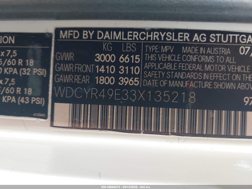 2003 Mercedes-Benz G 500 VIN: WDCYR49E33X135218 Lot: 45064270