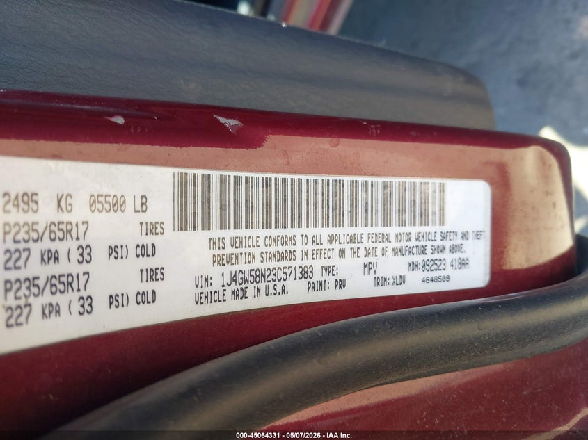 2003 Jeep Grand Cherokee Limited VIN: 1J4GW58N23C571383 Lot: 45064331