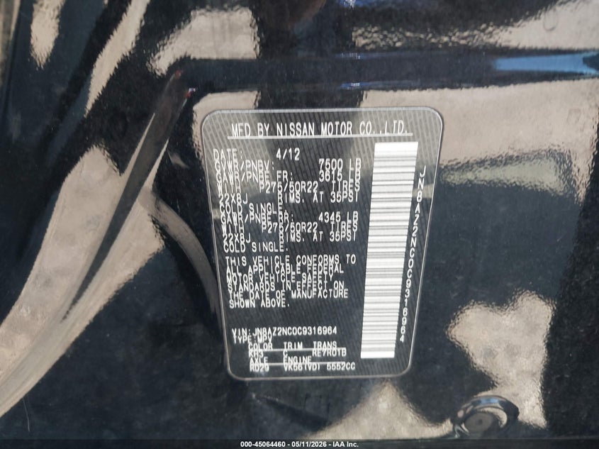 2012 Infiniti Qx56 VIN: JN8AZ2NC0C9316964 Lot: 45064460