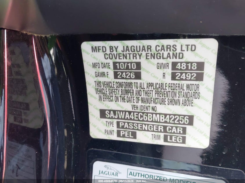 2011 Jaguar Xk Xkr VIN: SAJWA4EC6BMB42256 Lot: 45064579