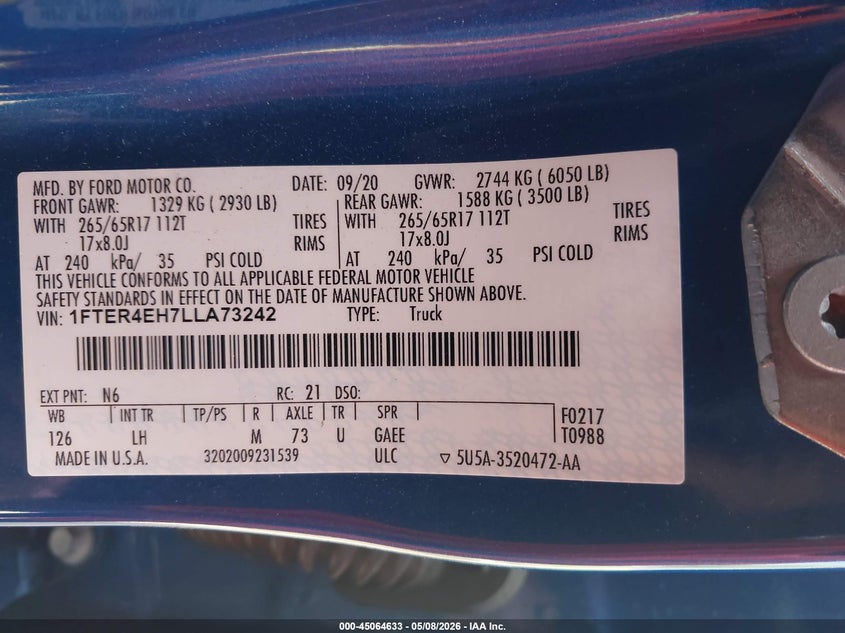 2020 FORD RANGER TRUCK 2.3L I-4 DI, DOHC, VVT, TURBO, 270HP