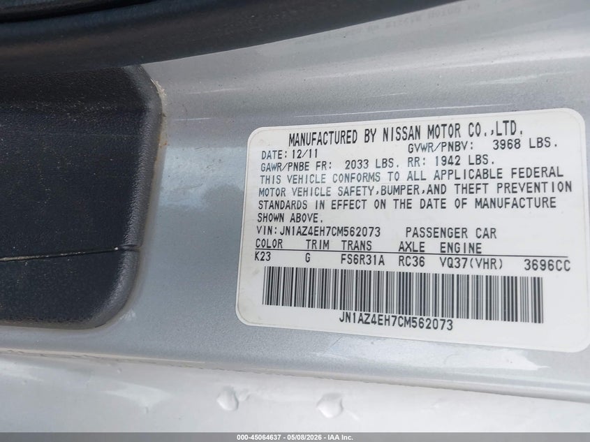 2012 Nissan 370Z Touring VIN: JN1AZ4EH7CM562073 Lot: 45064637