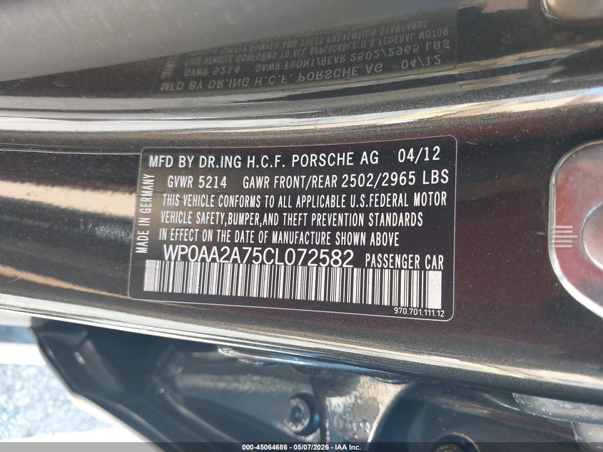 2012 Porsche Panamera 4 VIN: WP0AA2A75CL072582 Lot: 45064686