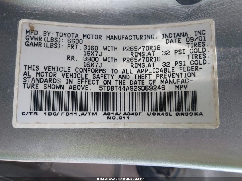 2002 Toyota Sequoia Sr5 V8 VIN: 5TDBT44A92S069246 Lot: 45064741