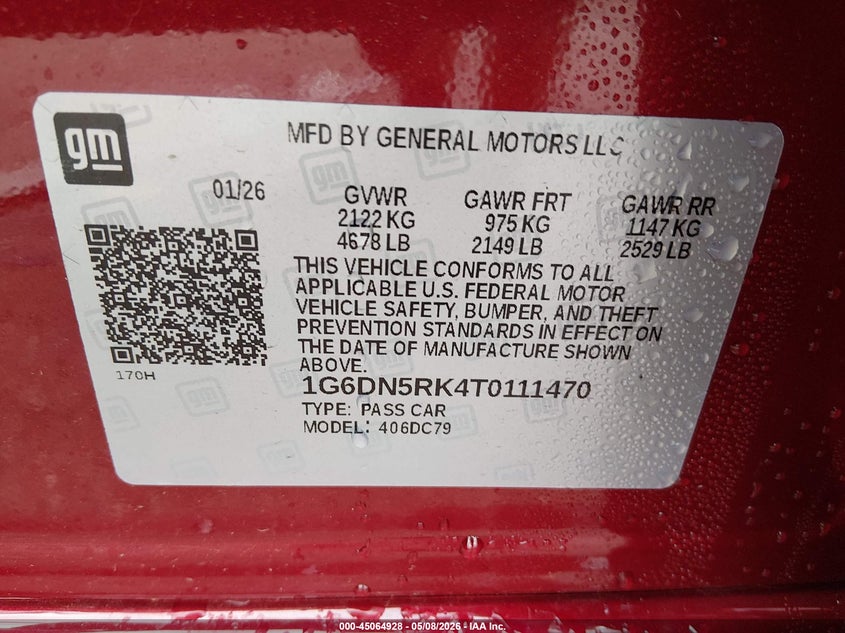 2026 Cadillac Ct5 Premium Luxury Rwd VIN: 1G6DN5RK4T0111470 Lot: 45064928