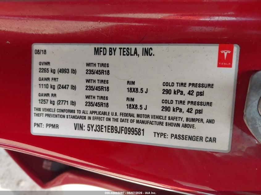2018 TESLA MODEL 3 SEDAN ELECTRIC