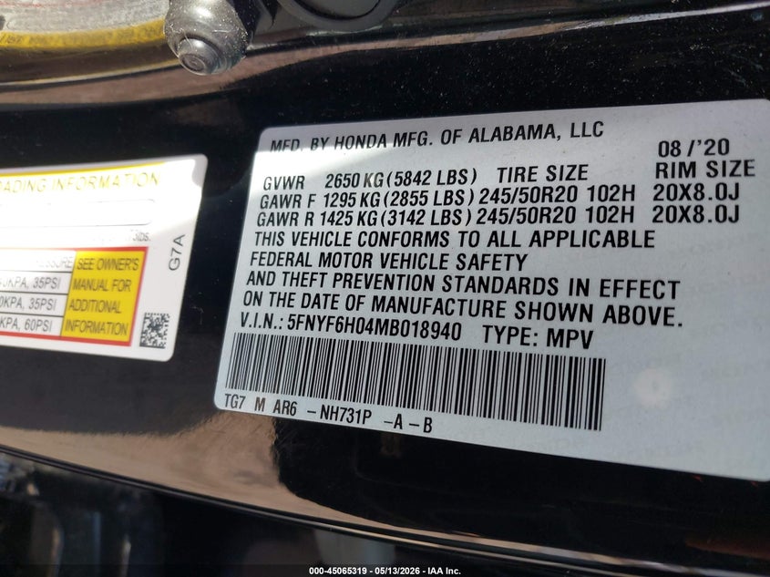 VIN 5FNYF6H04MB018940 2021 HONDA PILOT AWD ELITE