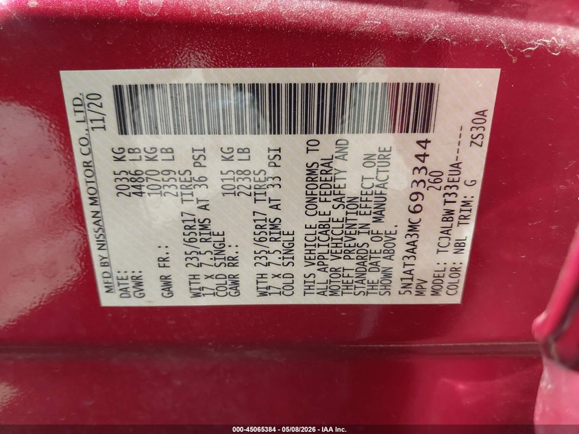 2021 NISSAN ROGUE 2.5L I-4 DI, DOHC, V(VIN: 5N1AT3AA3MC693344