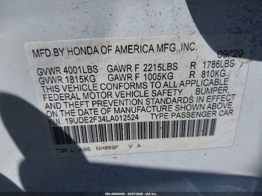 2020 Acura Ilx Standard VIN: 19UDE2F34LA012524 Lot: 45065450