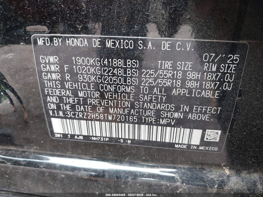 2026 HONDA HR-V 2.0L I-4 DI, DOHC, V(VIN: 3CZRZ2H58TM720165