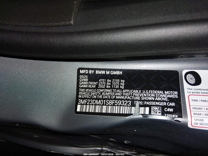 2025 BMW M2 VIN: 3MF23DM01S8F59323 Lot: 45065497