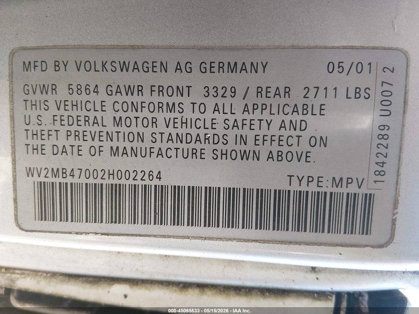 2002 Volkswagen Eurovan Mv VIN: WV2MB47002H002264 Lot: 45065533