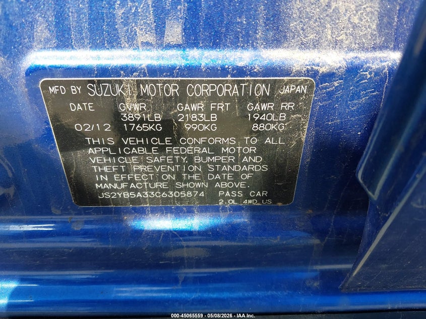 2012 Suzuki Sx4 Premium/Tech Valu Pkg (Nav) VIN: JS2YB5A33C6305874 Lot: 45065559