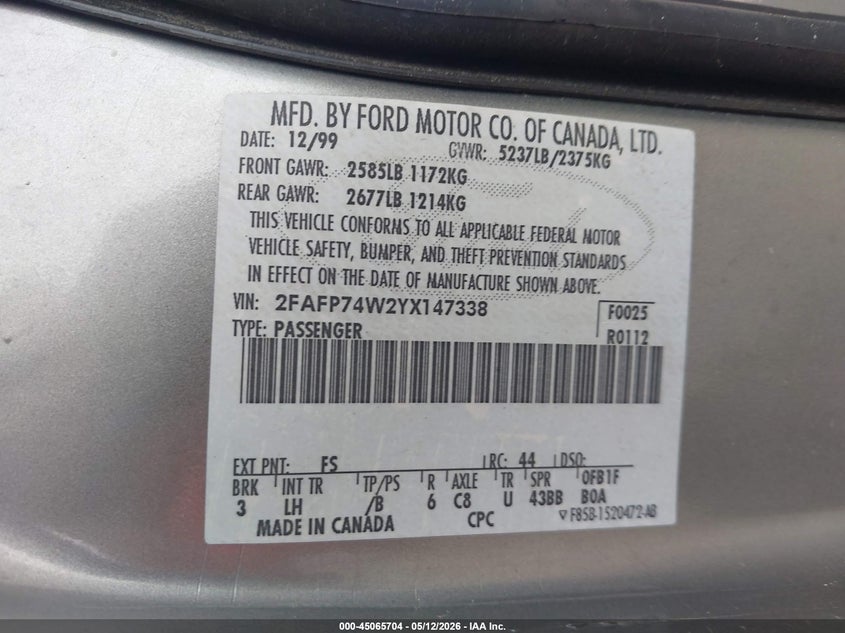 2000 Ford Crown Victoria Lx VIN: 2FAFP74W2YX147338 Lot: 45065704