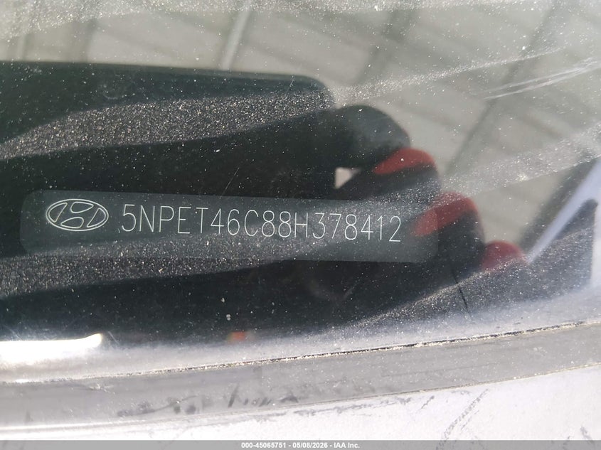 HYUNDAI SONATA 2008 VIN 5NPET46C88H378412