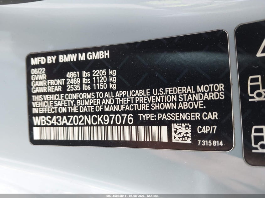 2022 BMW M4 Competition xDrive VIN: WBS43AZ02NCK97076 Lot: 45065811