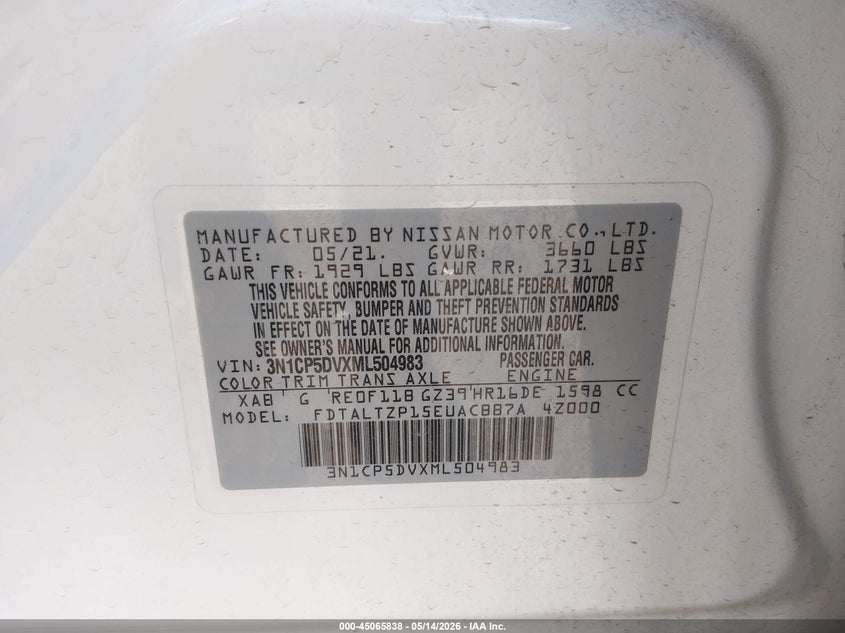 VIN 3N1CP5DVXML504983 2021 NISSAN KICKS SR XTRONIC CVT