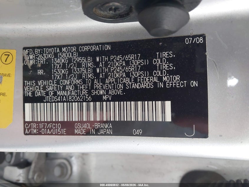2008 TOYOTA HIGHLANDER SPORT UTILITY VEHICLE 3.5L V-6 DOHC, VVT, 270HP