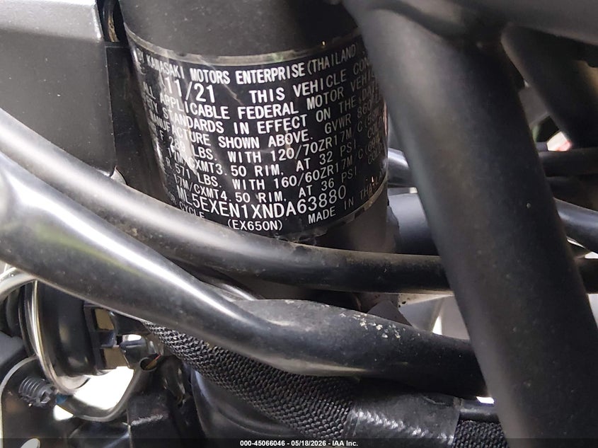 2022 Kawasaki Ex650 N VIN: ML5EXEN1XNDA63880 Lot: 45066046