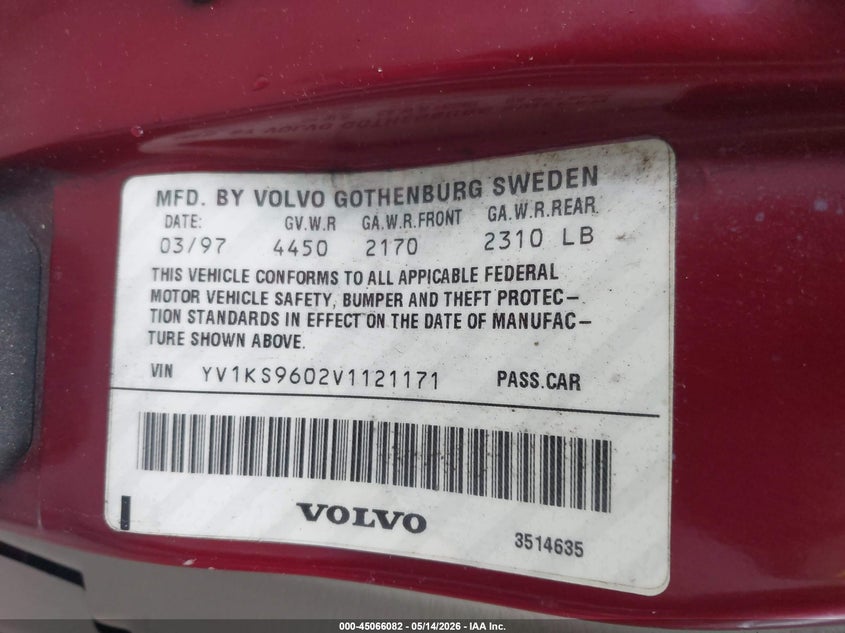1997 Volvo 960 VIN: YV1KS9602V1121171 Lot: 45066082