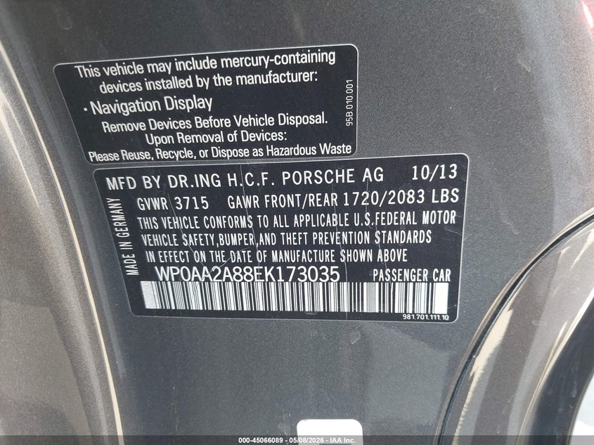 2014 Porsche Cayman VIN: WP0AA2A88EK173035 Lot: 45066089