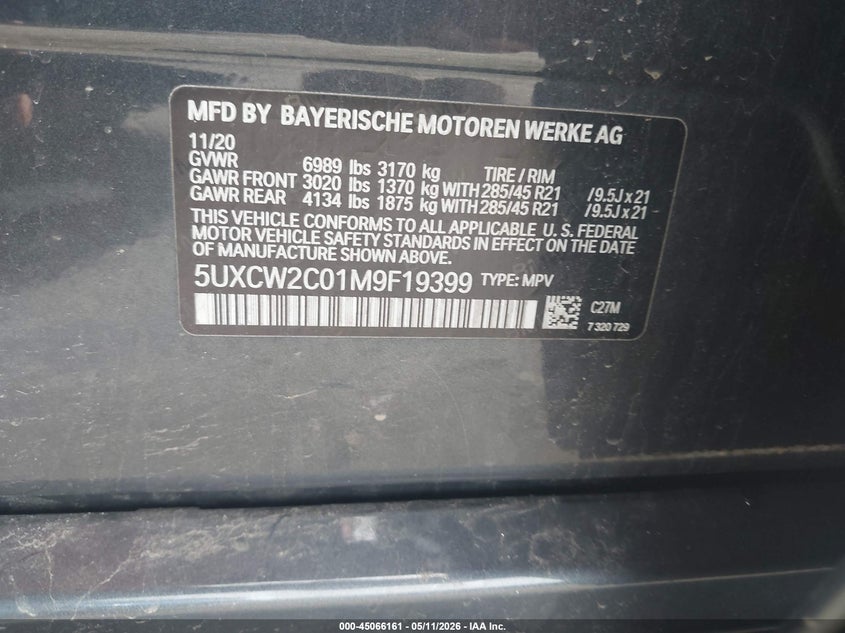 2021 BMW X7 xDrive40I VIN: 5UXCW2C01M9F19399 Lot: 45066161