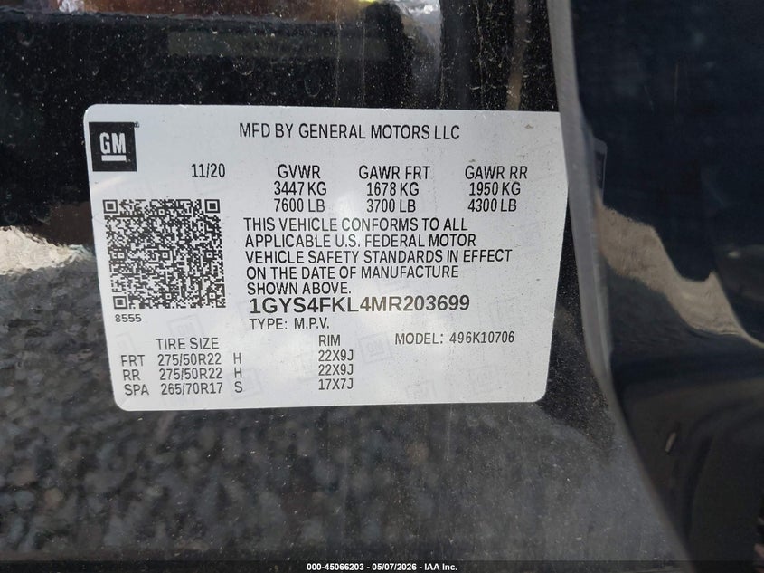 2021 Cadillac Escalade 4Wd Sport VIN: 1GYS4FKL4MR203699 Lot: 45066203