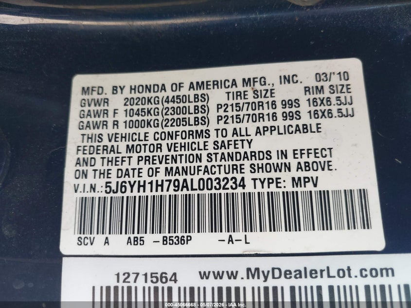 2010 Honda Element Ex VIN: 5J6YH1H79AL003234 Lot: 45066668