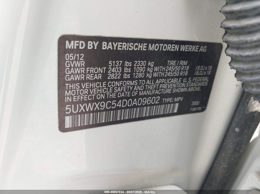 2013 BMW X3 xDrive28I VIN: 5UXWX9C54D0A09602 Lot: 45067034