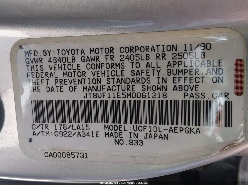 1991 Lexus Ls 400 VIN: JT8UF11E5M0061218 Lot: 45067121