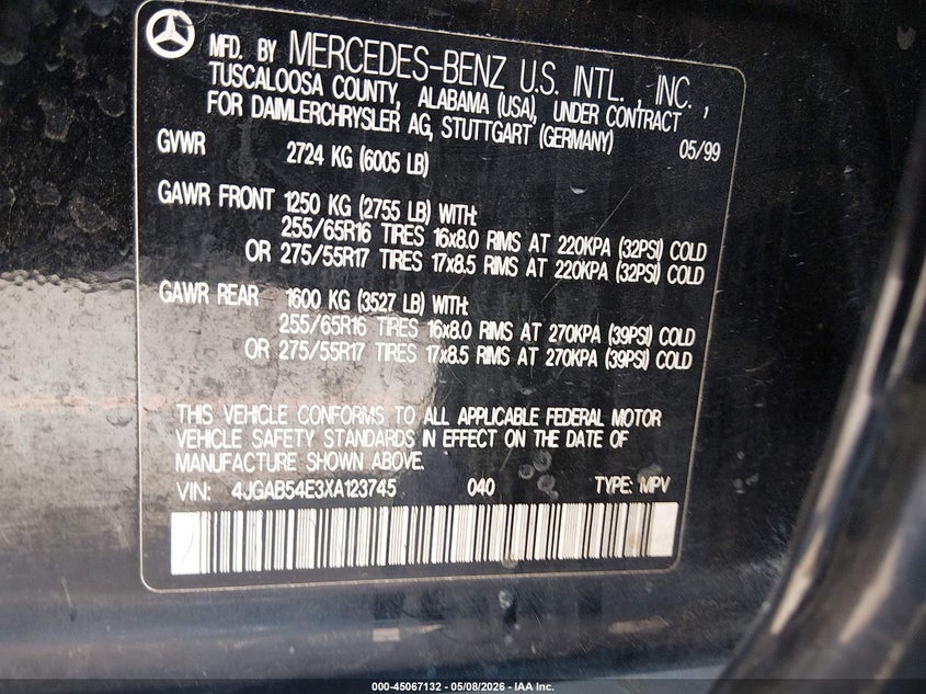 1999 Mercedes-Benz Ml 320 VIN: 4JGAB54E3XA123745 Lot: 45067132