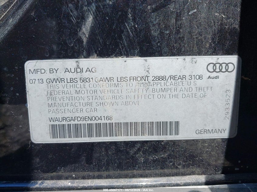 2014 Audi A8 L 3.0T VIN: WAURGAFD9EN004168 Lot: 45067171