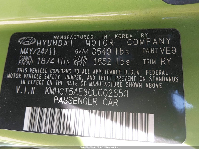 2012 Hyundai Accent 1.6 Gs Green Lot 111045067180 Vin KMHCT5AE3CU002653