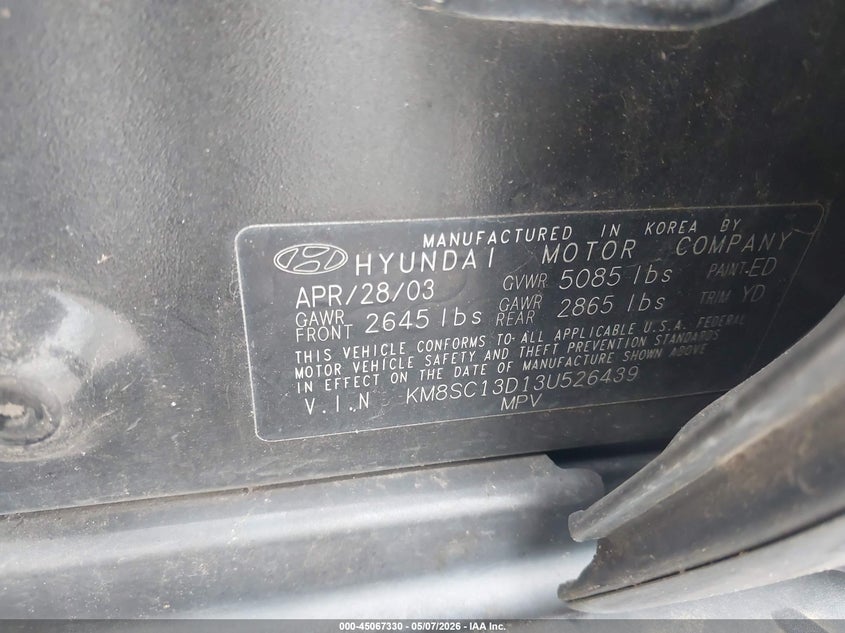 2003 Hyundai Santa Fe Gls/Lx VIN: KM8SC13D13U526439 Lot: 45067330