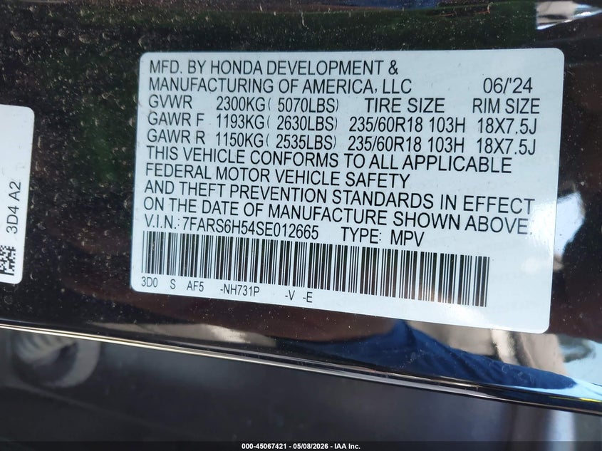 2025 HONDA CR-V SPORT UTILITY VEHICLE 2.0L I-4 DI, DOHC, VVT, 145HP