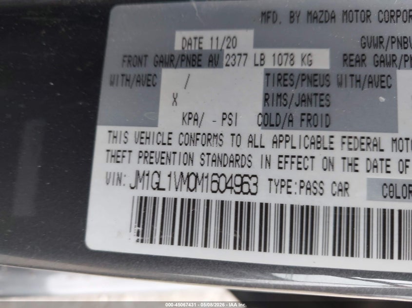 2021 Mazda Mazda6 Touring VIN: JM1GL1VM0M1604963 Lot: 45067431