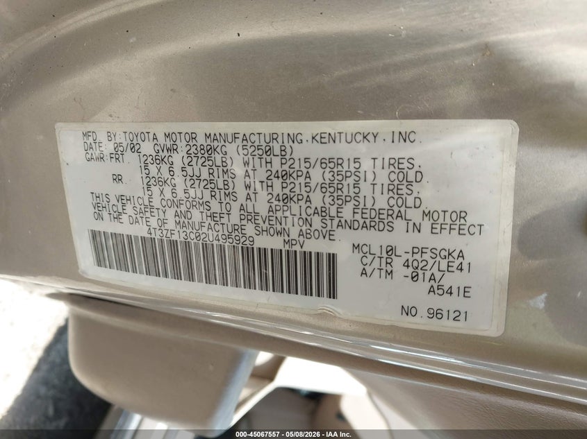 2002 Toyota Sienna Xle VIN: 4T3ZF13C02U495929 Lot: 45067557