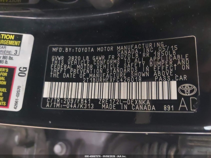 TOYOTA COROLLA 2015 VIN 2T1BURHEXFC426018