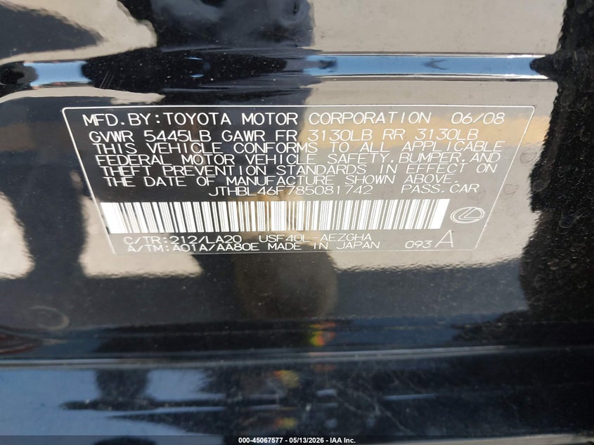 2008 Lexus Ls 460 VIN: JTHBL46F785081742 Lot: 45067577