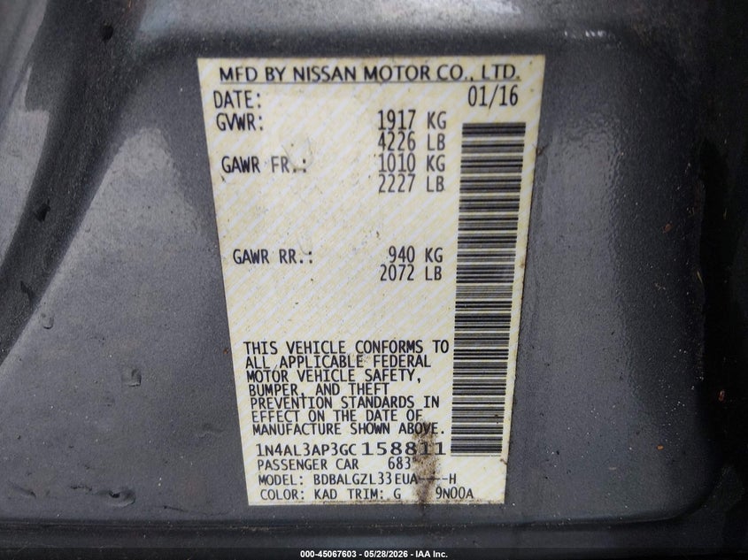 2016 Nissan Altima 2.5 S VIN: 1N4AL3AP3GC158811 Lot: 45067603