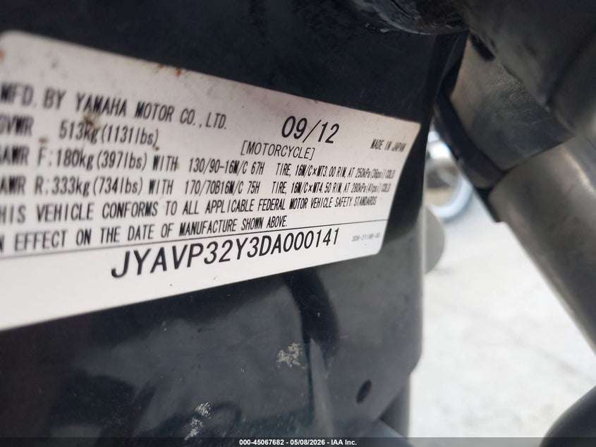 2013 Yamaha Xvs1300 Ctc/Cfd VIN: JYAVP32Y3DA000141 Lot: 45067682
