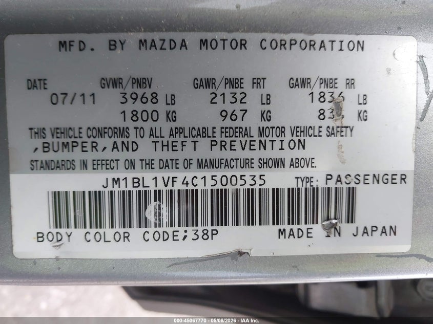 JM1BL1VF4C1500535 2012 Mazda 3 2.0 I Touring grey